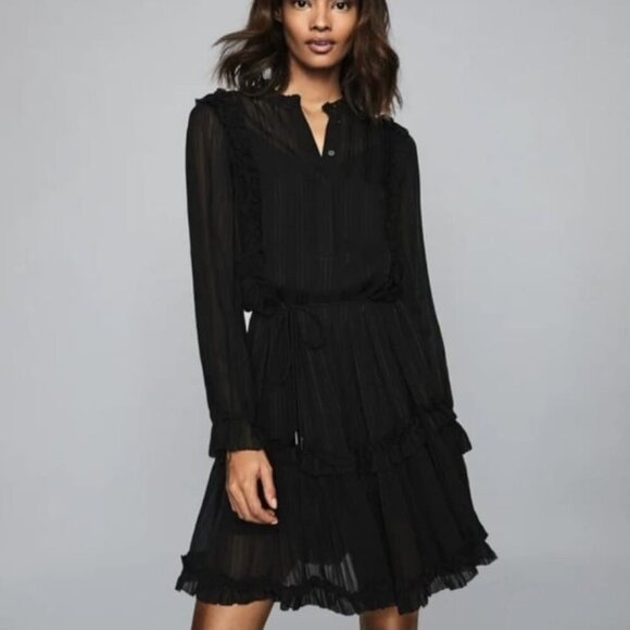 Reiss Dresses & Skirts - Reiss Justina Striped Ruffled Sheer Black Mini Dress Size 2 NWOT